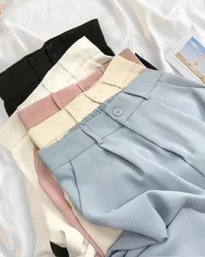 Women Fashion Suit Pant High Waist Casual Loose Straight Solid Trouser Office Lady Streetwear Button Up Elastic Nine Points Pant
