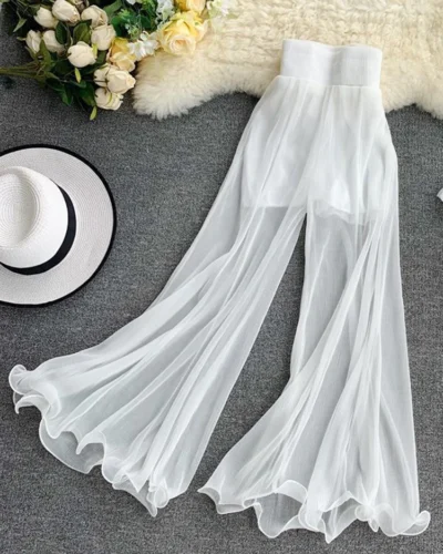 ZOKI Women Flare Pants Loose Gauze Elastic High Waist Ruffle Chiffon Ladies Trousers Fashion Black White Summer Female Pants New