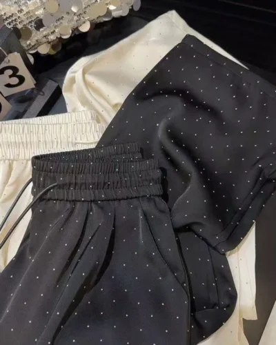 New Women High Waist Hot Diamonds Wide-legged Pants Summer Korean Chic Design Loose Straight-legged Pants Elastic Waist Trouser