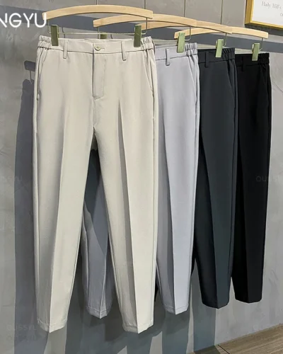 2025 Spring Summer Men's Casual Pants Suit Pant Slim Fit Work Elastic Waist Jogging Business Trousers Male Black Plus Size 40 42