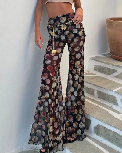 Mozision Mesh Leopard Print Trousers Woman Fashion High Waist Print Wide Leg Pants Female Elegant Printed Long Pants Bottoms