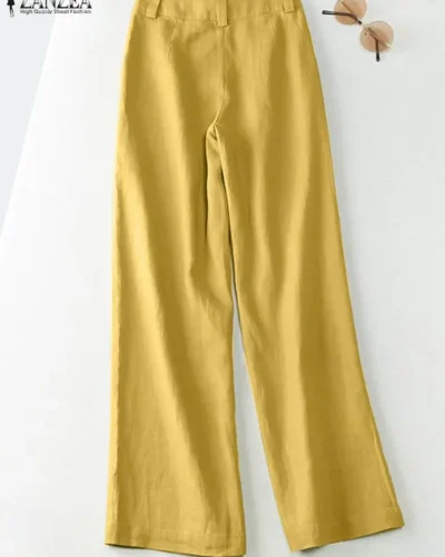 ZANZEA 2025 Spring Summer Fashion Women Pants Cotton Linen Long Trousers Wide Leg Plain Holiday Casual Pants Streetwear Bottoms