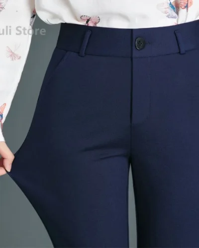 Spring Autumn Casual Button Elastic Mid Waist Black&Navy Blue Straight Trousers Office Lady Quick Drying Suit Pants Female