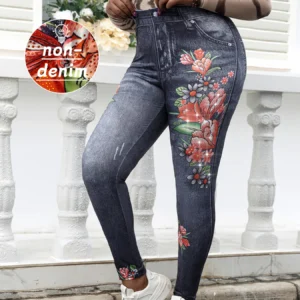Plus Size Women Leggings Imitation Denim Floral Print Rhinestone Fashion Casual Sports Pants Female Skinny Pant Gym Clothing