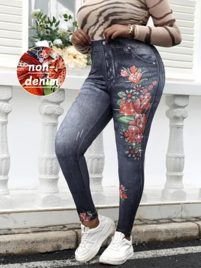 Plus Size Women Leggings Imitation Denim Floral Print Rhinestone Fashion Casual Sports Pants Female Skinny Pant Gym Clothing