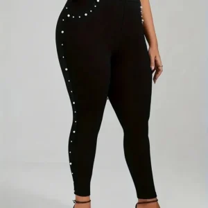 GIBSIE Plus Size Pearl Beaded Leggings For Women Spring Fall Black Elegant High-waisted Skinny Pencil Pants With Pockets