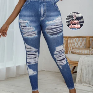 Plus Size Women Skinny Leggings Imitation Printed Ripped Pattern Elastic Sweatpants plaid Casual fashion Knitted Trousers