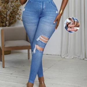 Plus Size Women Leggings Imitation Denim Printed Creative Sportswear High Elastic Sports Tights Fashion Casual Skinny Gym Pants