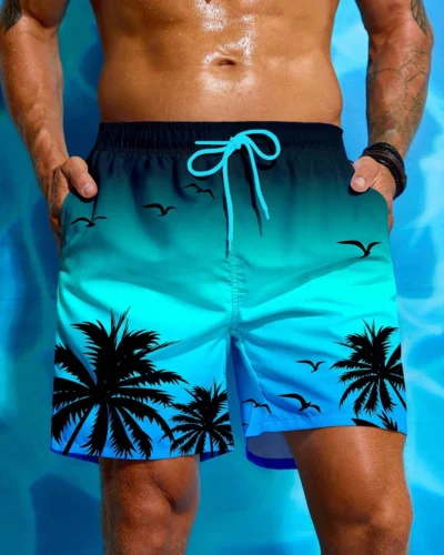 Summer Vacation Men's Palm Tree Print Drawstring Waist Board Shorts Fashion Swim Trunks 3D Print Breathable Short Streetwear