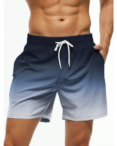 Men's Beach Shorts Gradient Color Block Drawstring Summer Men's swim Trunks Elastic Waist 3D Print  Breathable Short Streetwear