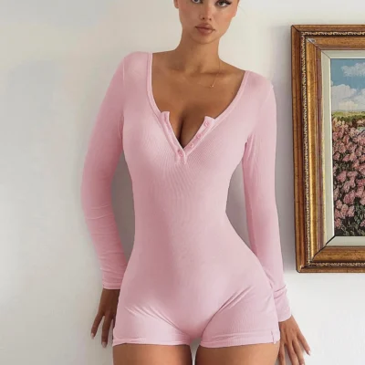 Dulzura Skinny Long Sleeve Playsuits Solid Bodycon Jumpsuits Rompers Evening Party Club Holiday Workout Sport Women Clothes Y2K