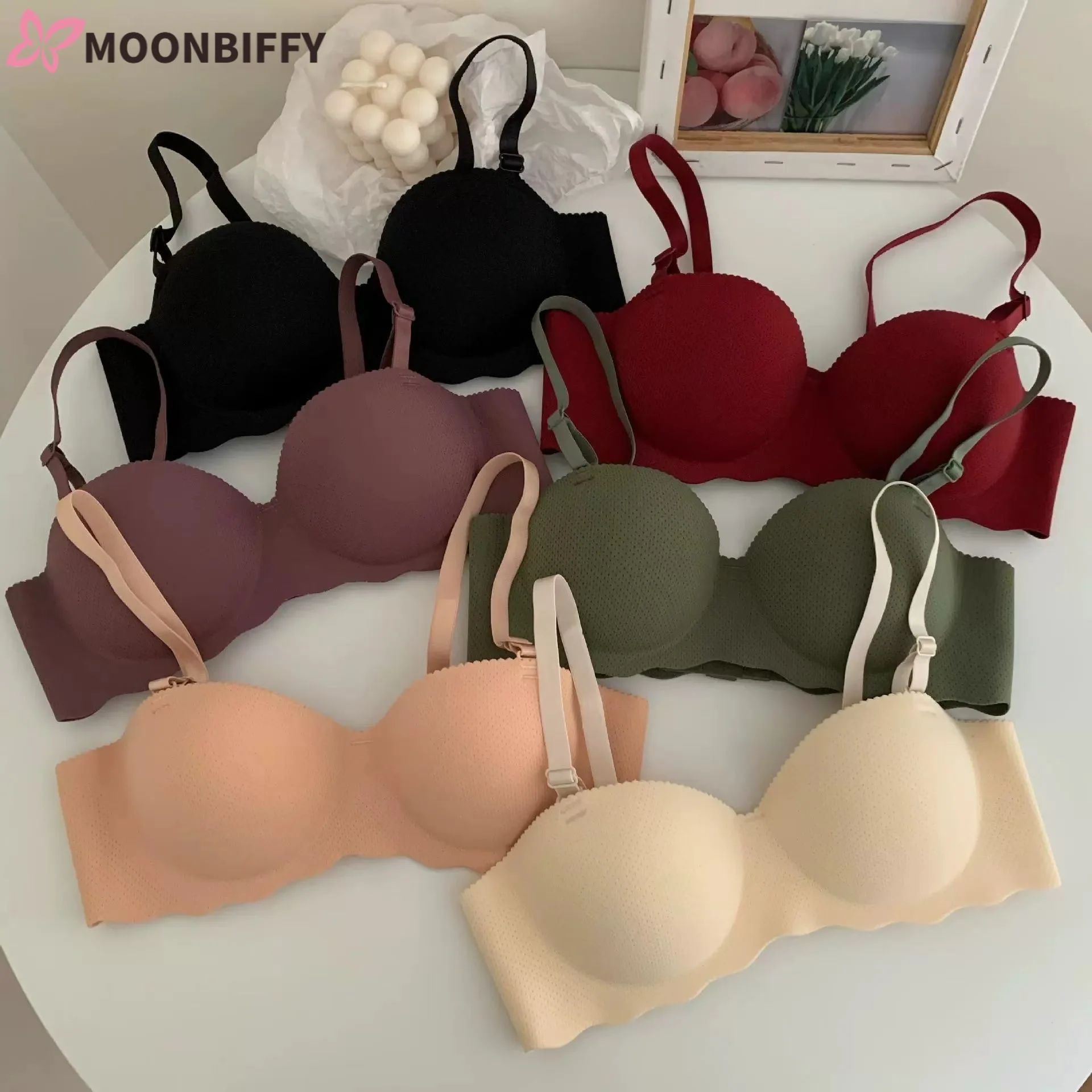 Female Gather Removable Shoulder Strap Solid Color Wireless Lingerie One-pieces Sexy Bras Push Up Seamless Underwear for Women