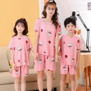 2 pieces for boys and girls pajamas Summer parent-child thin short sleeve cute neutral children's set Cute Children's homewear