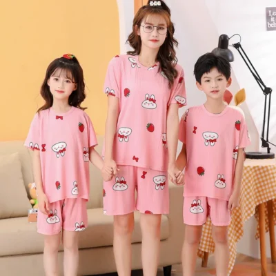 2 pieces for boys and girls pajamas Summer parent-child thin short sleeve cute neutral children's set Cute Children's homewear