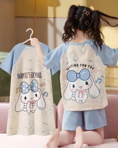 Sanrios Kawaii Hello Kitty Girl Pajamas Lounge Clothes Suit Spring, Summer and Autumn Child Jacket Cartoon Cute Fashion Gift New