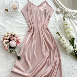 Women's Elegant Solid Color Satin Nightgown V-Neck Midi Summer Lightweight Sexy Strappy Loungewear Soft Luxurious Bright