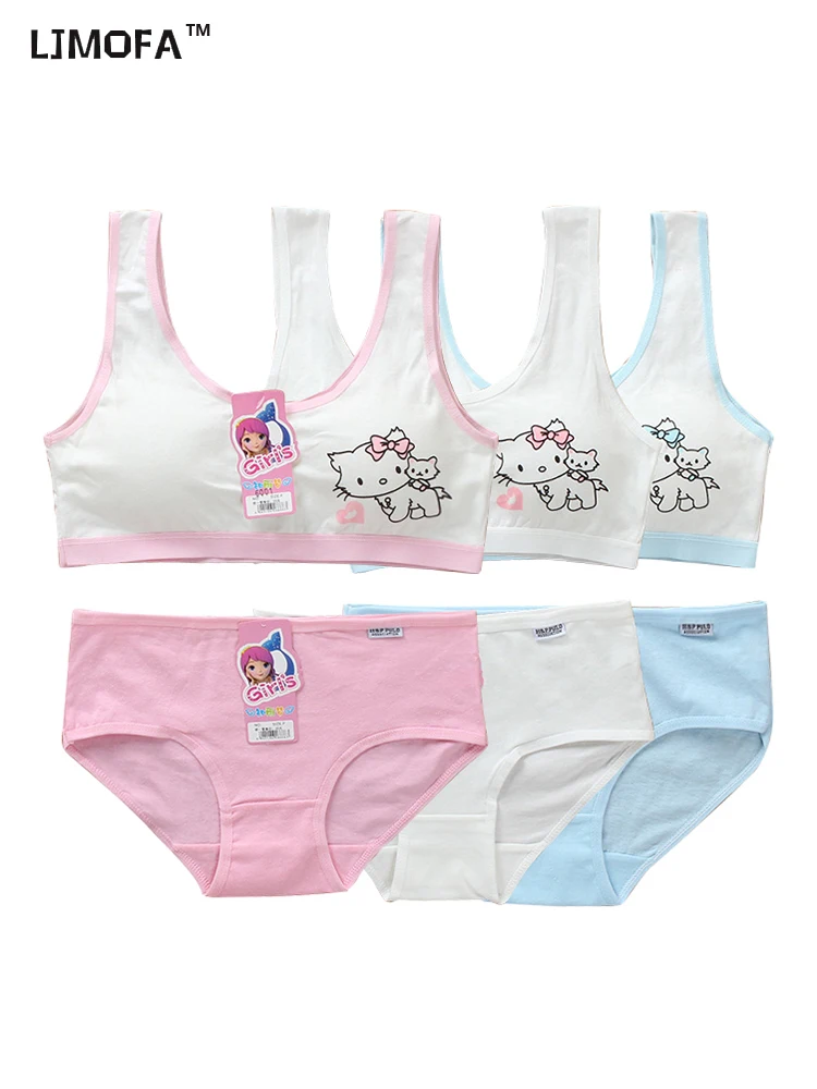 LJMOFA Girls Cute Underwear Set Kids Cotton Sports Training Bra Solid Color Letters Printed Neckline Teenage Briefs Panties B219