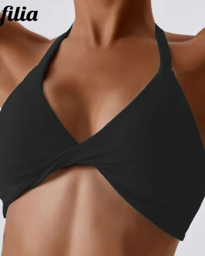 Anfilia Women Sports Bras Solid Halter Neck High Elastic With Removable Padded Gym Crisscross Strappy Back Yoga Running Tops