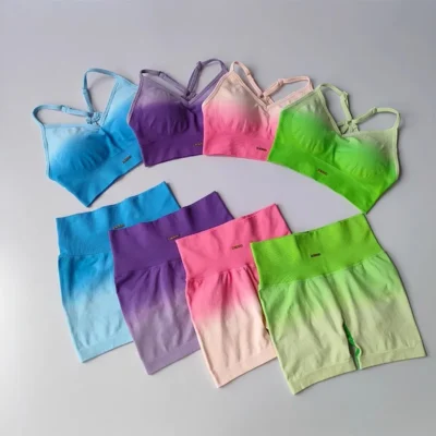 2 Pcs Seamless Gradient Yoga Suit Workout Sports Bra + High Waist Gym Shorts Sport Set Fashion Shorts Sets Sportswear Female