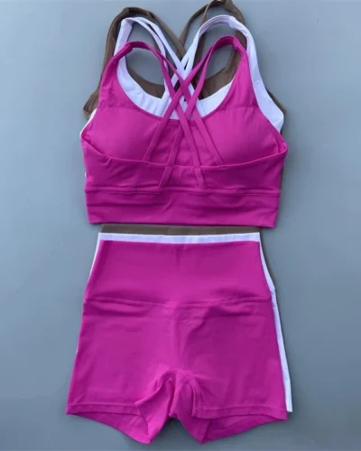 Solid Color gym bike Yoga Set short Legging +cross sport bra Tracksuit  Athletic Women Gym Suit Comprehensive Training Jogging