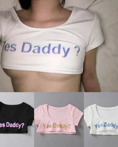Women Letter Print Short Sleeve Yes Daddy Short Top Sleeve Crop Running T Shirt