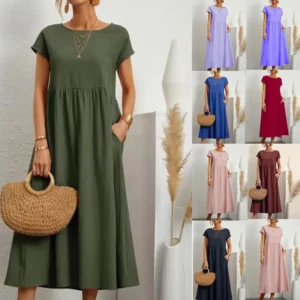 2023 new Vintage Dress O-Neck Half Sleeve Solid Dresses Summer Women Mid-Calf Length Robe Female Causal Holiday Sundress Kaftan
