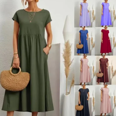 2023 new Vintage Dress O-Neck Half Sleeve Solid Dresses Summer Women Mid-Calf Length Robe Female Causal Holiday Sundress Kaftan