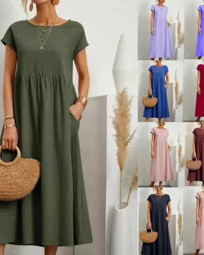 2023 new Vintage Dress O-Neck Half Sleeve Solid Dresses Summer Women Mid-Calf Length Robe Female Causal Holiday Sundress Kaftan