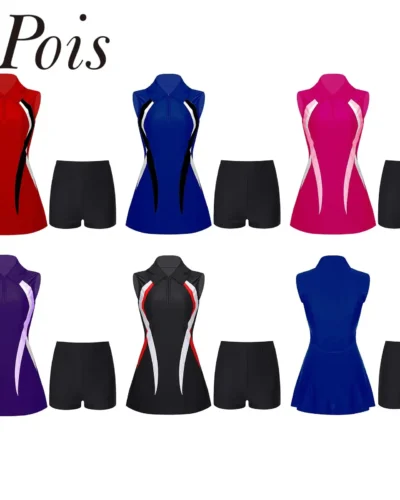 Womens Tennis Dresss Badminton Golf Outfit Sports Set Sportswear Outdoor Activities Sleeveless Zipper Athletic Dress with Shorts