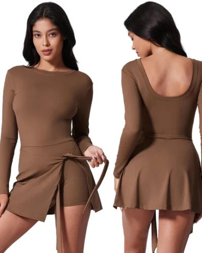 Women Tennis Sports Dress Running Tight Jumpsuit Quick Dry Sportswear Ladies Long Sleeves T-shirt Shorts Suit Gym Fitness Yoga