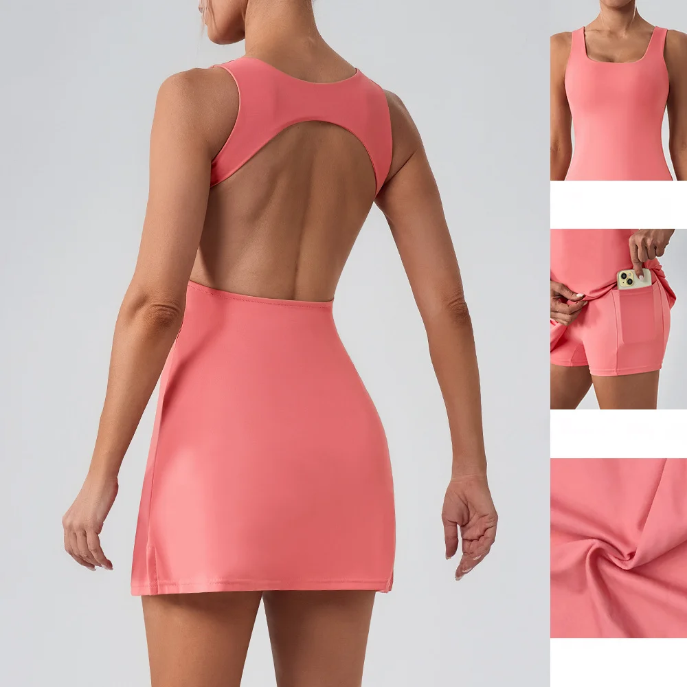 Alpha Women's Square Neck Backless Tennis Dress Sleeveless Golf Athletic Dress Build in Shorts with Pockets