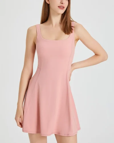 Summer Women Tennis Dress Fashion Square Neck Pocket Sports Running Dress Breathable Workout Frock With Chest Pads 2165