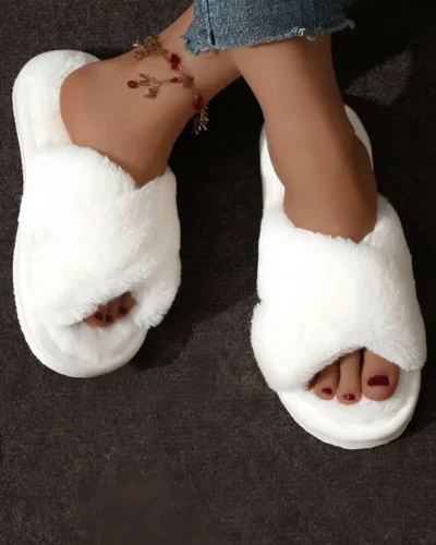 Fashion Cross Strap Fur Slippers Women Indoor Light Warm Plush Home Slippers Woman Faux Fur Flat Heel Couple Slides Plus Size 43
