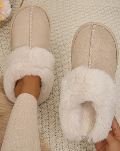 Closed Toe Warm Cotton Slippers Women Faux Fur Thicken Plush Winter Home Shoes Woman Lightweight Casual Indoor Slides Female