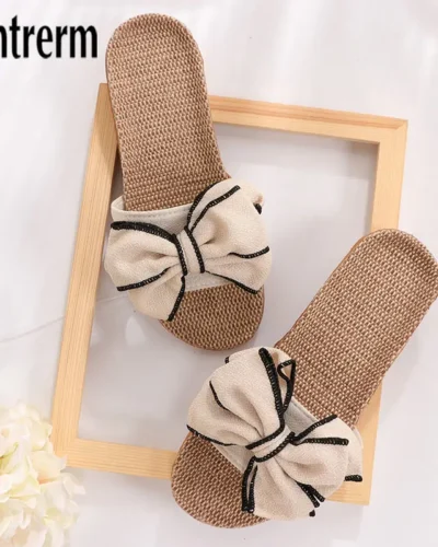 Mntrerm 2024 New Casual Sneakers For Home Slippers Summer Bow-knot Soft Floor Woman Indoor Flats Shoes Cute Linen Slipper Terlik