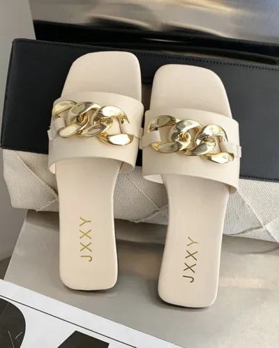 2024 New Fashion Women's Slippers Square Toe Chain Slippers Flat Slide Sandals Beach Flip Flops Metal Decoration Casual Shoes