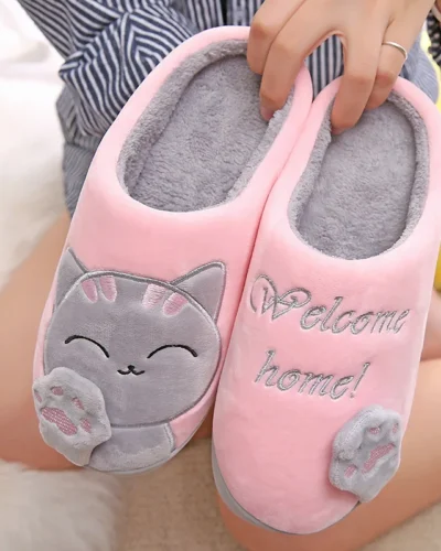 Dropshipping Women Winter Home Slippers Cartoon Cat Shoes Soft Winter Warm House Slippers Indoor Bedroom Lovers Couples YYJ220