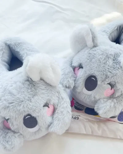 Cute Pink Gray Koala Cartoon Animal Plush Slippers Female Winter Warm Koala Home Woman Slipper