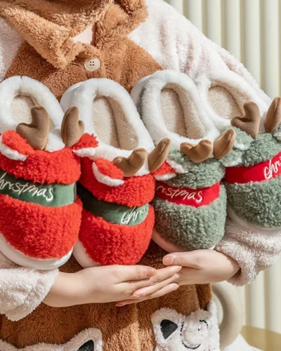 Winter Cotton Warm Plush Fur Antiskid Christmas Slippers Deer Antler Cotton Mops Outdoor Breathable Sole Soft Home Couples Shoes