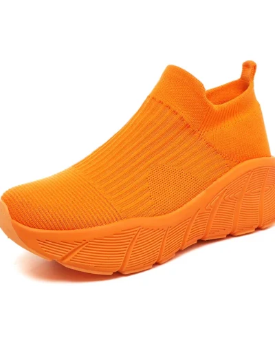 Fashion Platform Sports Shoes Men Orange High Top Knit Casual Sneakers Women Lightweight Breathable Slip-on Men's Running Shoes