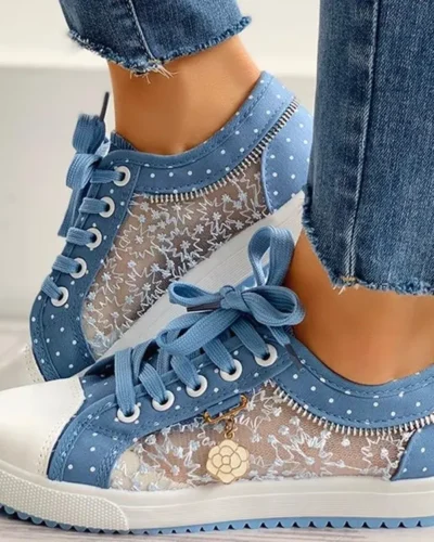 Women's Flat Shoes, Multifunctional Mesh Casual Shoes Round Toe Design Oversized Student Lace Up Hollow Out Casual Canvas Shoes