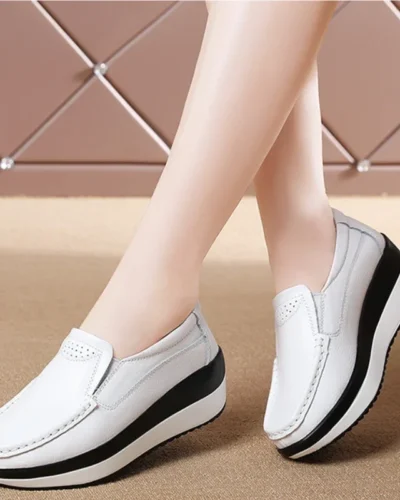 Platform Flats Loafers for Women Autumn Thick Bottom Casual Leather Walking Sneakers Round Toe Wedge Shoes Zapatos De Mujer 2023
