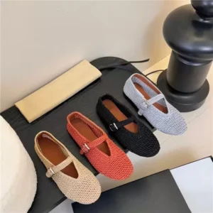 Knitted Hollow Out Flats Mary Janes Shoes Women Spring Summer Breathable Elegant Ballet Shoes Ladies buckle strap Loafers 2025
