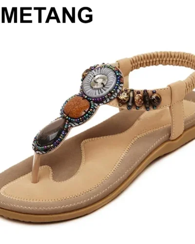 TIMETANG  Plus Size 35-42 Sandals Women PU Flip Flops Casual Shoes Woman Beading Elastic Band Sandale Femme Fashion Flats