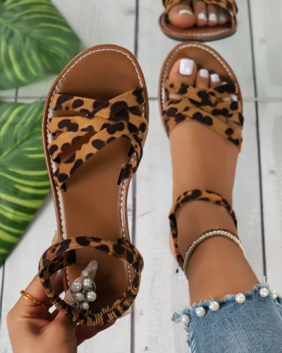 Flats Leopard Sandals Women Cozy Casual Shoes Walking New Walking Slippers 2024 Summer Outdoor Beach Slides  Flip Flops