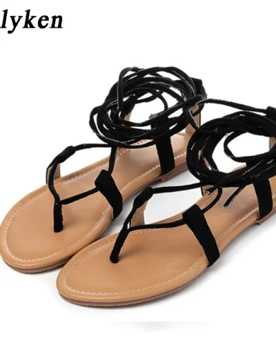 Eilyken Designer Ankle Strappy Flat Heels Women Sandals 2025 Summer Clip Toe Casual Roman Gladiator Flip Flops Shoes