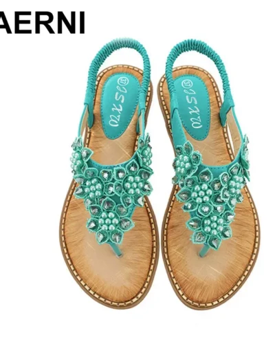 YAERNI Women Sandals New Fashion Bead Flower Round Toe Flip-flop Sandals Female Trend Summer Shoes Woman Plus Size 36-42