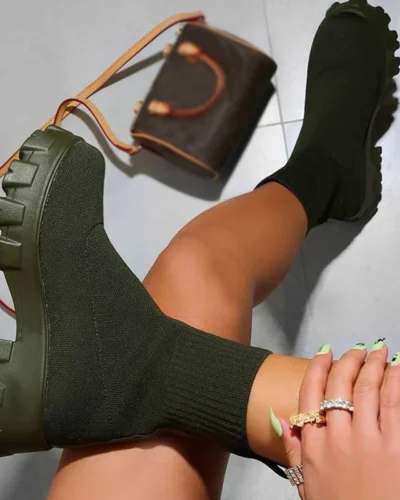 Women Boots Short Knitting Platform Boots Autumn Winter Shoes For Women Ankle Boots Heels White Winter Botas Mujer