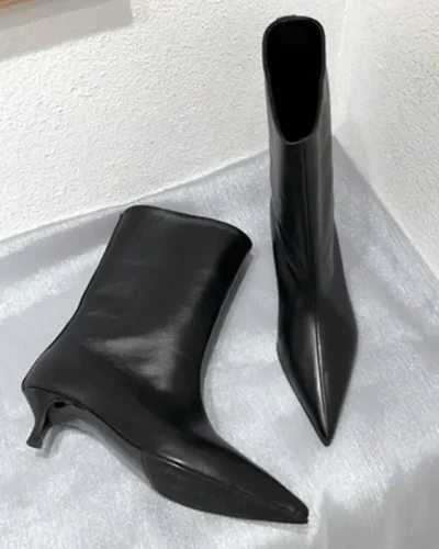 SEXY Black Pointed Toe Cat Heel Mid Calf Boots for Women Soft Leather PU Design Low Heel Wide Mouth French Style Ankle Boots