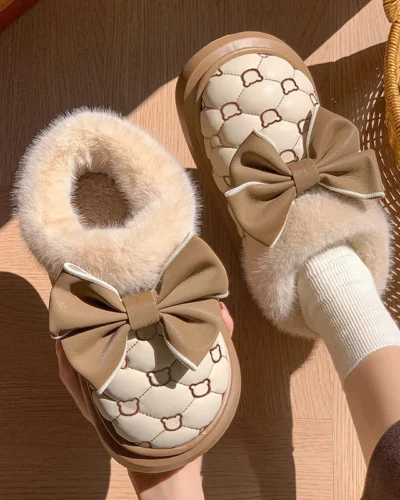 Winter Women Snow Boots Cute Bow Cotton Shoes Waterproof Down Short Barrel Ankle Boots Home Comfort Thick Soled Plush Boots